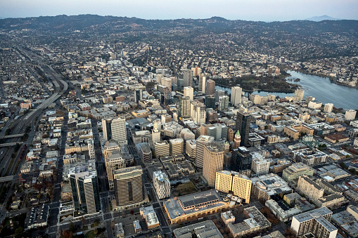 Helicopter point of view of downtown Oakland. California cityscapes.