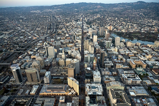 Helicopter point of view of downtown Oakland. California cityscapes.