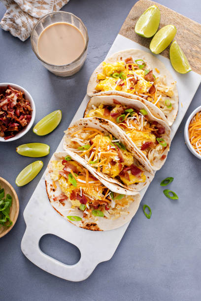 istock Breakfast tacos with hashbrowns, eggs and bacon 1443991757