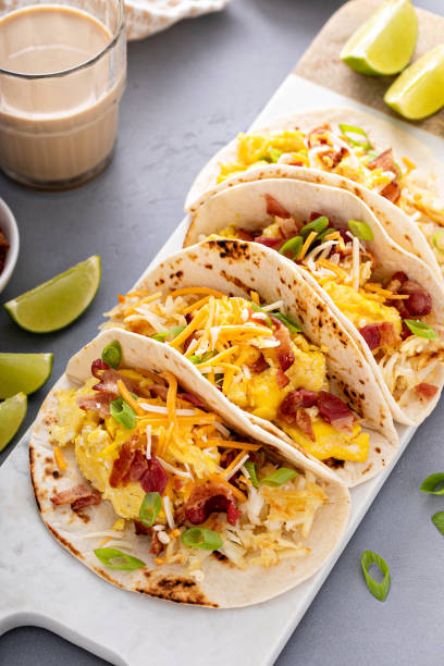 istock Breakfast tacos with hashbrowns, eggs and bacon 1443991773