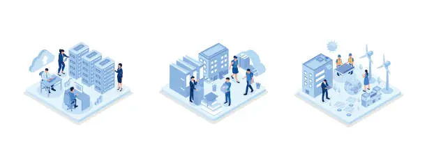 Vector illustration of Web hosting service with cyber security technology concept, Students study online in university or college campus, Sustainable ESG industry with windmills and solar energy panels, isometric vector modern illustration