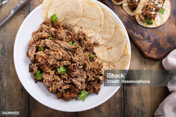 Mexican Pork Carnitas Weith Corn Tortillas Ready To Eat Stock Photo - Download Image Now