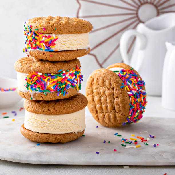 istock Ice cream and cookies sandwiches stacked on the table 1443993894