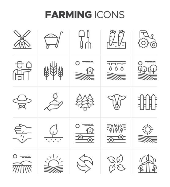 Farming Icon Set - Farm and Agriculture, Plant Growth, Gardening Symbols Editable stroke and pixel perfect 32x32 farming icon set. Icon such as mill, crop production, tractor, farmer, wheat, field, forest, animal husbandry, fertilizer planting and more. cultivated land stock illustrations