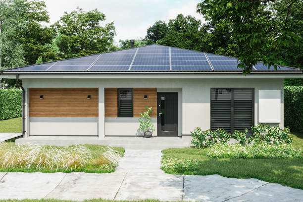 istock Modern House With Solar Panels And Wall Battery For Energy Storage 1443995023