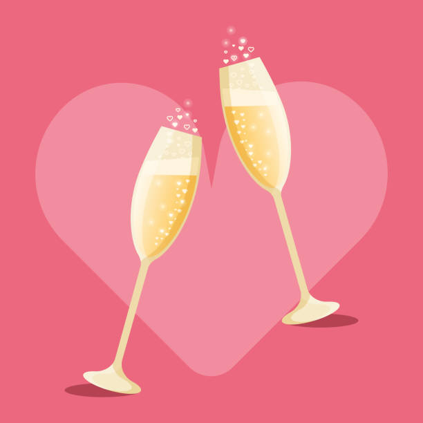 ilustrações, clipart, desenhos animados e ícones de duas taças de champanhe com bolhas isoladas em um fundo de coração rosa. - champagne pink bubble valentines day