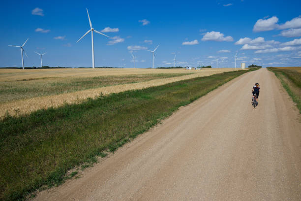 A woman rides her gravel bicycle past a windmill farm in Alberta, Canada. There is also an oil pump in the distance. Gravel bicycles are similar to road bikes but have sturdy wheels and tires for riding on rough terrain. Gravel riders seek out quiet gravel, forestry, and country roads.