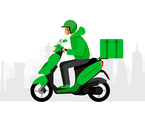 Delivery Courier boy delivering pizza on modern scooter with trunk case box. Delivery man riding on motor moped. Vector illustration
