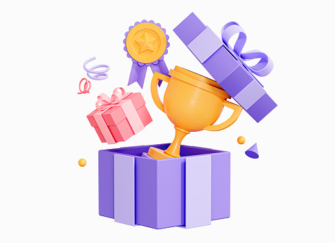 3D Open Gift box with Trophy cup and award medal ribbon. Winner with prize and golden cup. Business success concept. Game win. Cartoon creative design icon isolated on white background. 3D Rendering