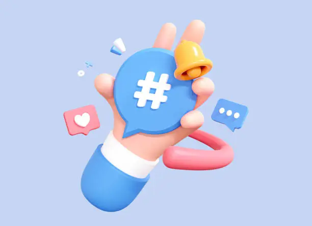 Photo of 3D Hand holding Hashtag in social media. Search popular tag in network. Internet marketing and promotion. Trend comment concept. Cartoon creative design icon isolated on blue background. 3D Rendering