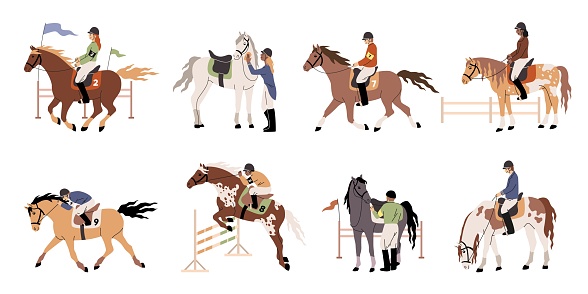 People riding horses. Horsemen in jockey clothes and helmets, professional equestrian, riding training, different stallions, gallop and jump, male and female characters, tidy vector cartoon flat set
