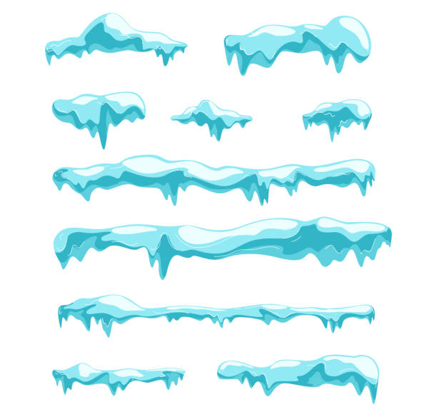 Pieces of ice and snow chunks, big icebergs, severe frost elements for design, snowflakes cartoon style, vector illustration Pieces of ice and snow chunks, big icebergs, severe frost elements for design, snowflakes cartoon style, vector illustration. icicle cartoon stock illustrations