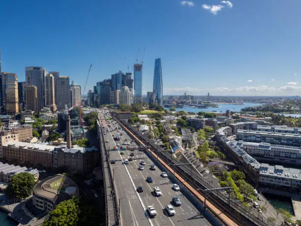 Looking towards Sydney CBD along the Cahill Expressway towards Sydney's Central Business District. The Rocks to the right of the highway are the oldest part of Australia, post-white settlement. Barangaroo is in the middle distance on the right.