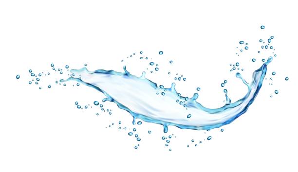 Blue water wave splash with drops, water flow Blue water wave splash with drops, isolated water flow. Realistic vector transparent flow, aqua swirl with liquid splashing. Dynamic motion with spray droplets, fresh drink 3d design element for ads frehwater stock illustrations