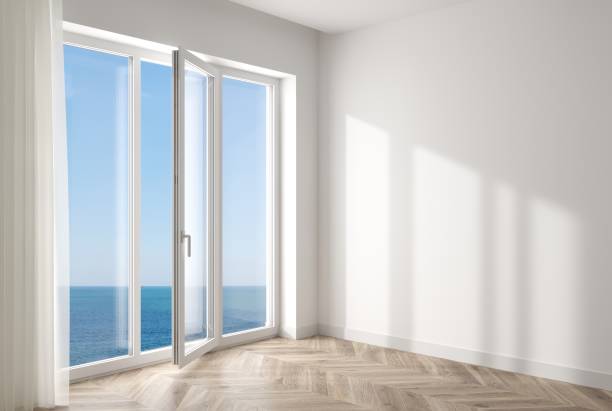 White plastic window and door in the new room 3d illustration. The open white modern plastic window and door in the room . pvc stock pictures, royalty-free photos & images