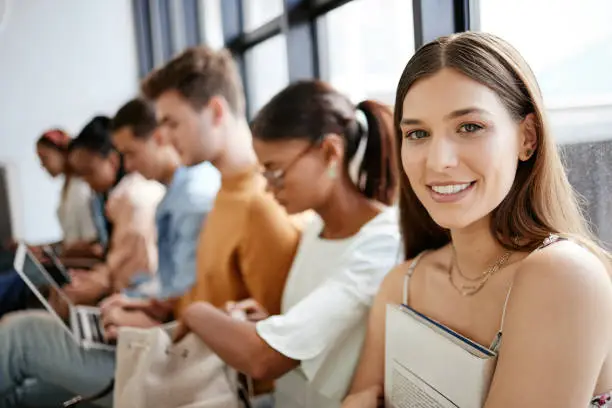 Recruitment, waiting room and students portrait at internship opportunity, HR interview or career application at university, Gen z research scholarship candidate people for Human Resources hiring job