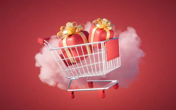Gift box and shopping cart with cloud background, 3d rendering. Digital drawing.