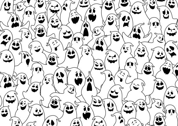 Cartoon halloween ghosts pattern. vector ornament Cartoon halloween ghosts pattern. Monochrome vector ornament, creative background with creepy spooks emotions and face expressions. Design for greeting card, wrapping paper with funny yelling phantoms background of the sad face black and white stock illustrations