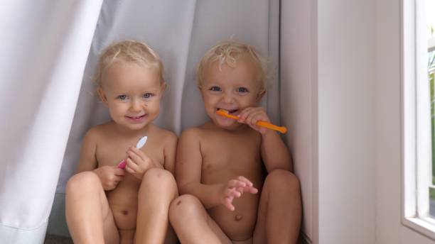 dois alegres bebês brancos se escondem atrás de uma cortina com escovas de dentes e riem quando são descobertos. maneiras divertidas de ensinar pré-escolares sobre higiene bucal adequada de maneira lúdica. - multiple birth - fotografias e filmes do acervo