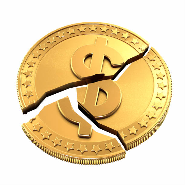 istock Broken and cracked Dollar coin isolated on white background 1444029101