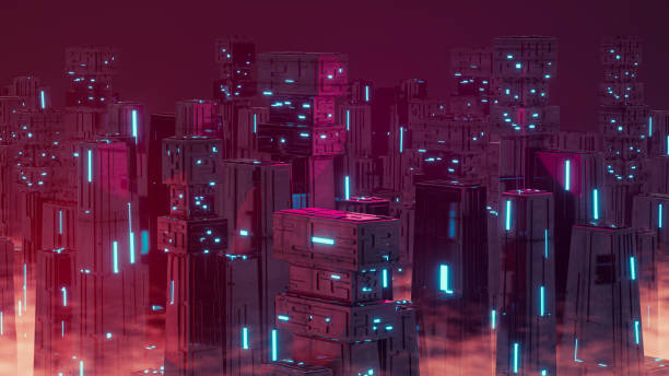 Futuristic sci-fi virtual city neon lighting and fog at night. Cyberpunk concept. technology background stock photo