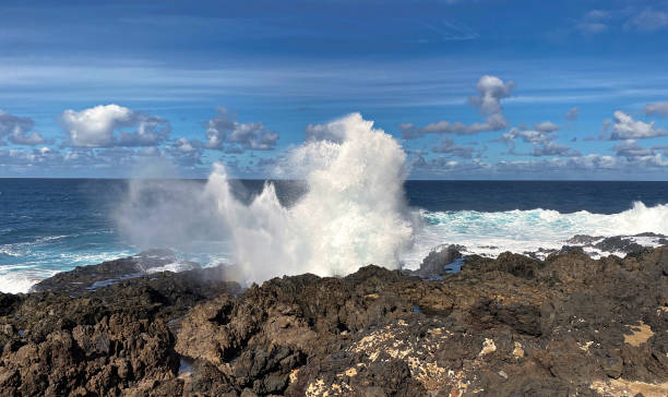 istock Wild ocean, wave and water splash at rocky coast 1444030739