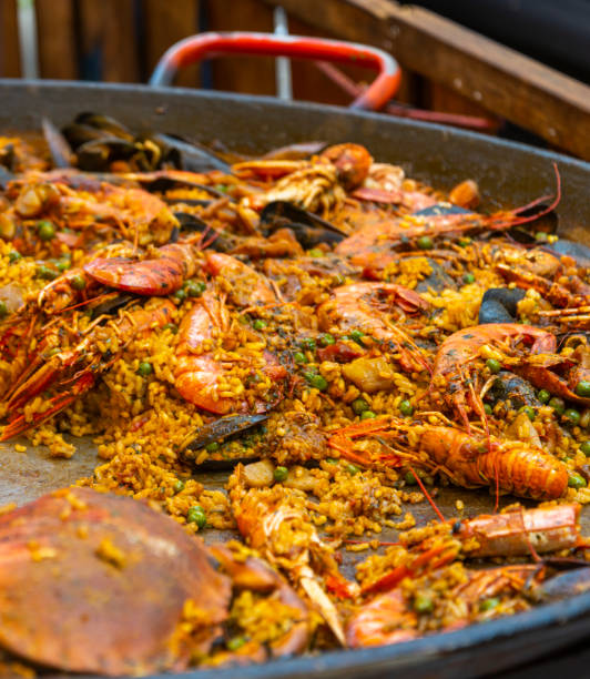 Fresh seafood paella,in a large pan,ready for serving,Edinburgh,Scotland.