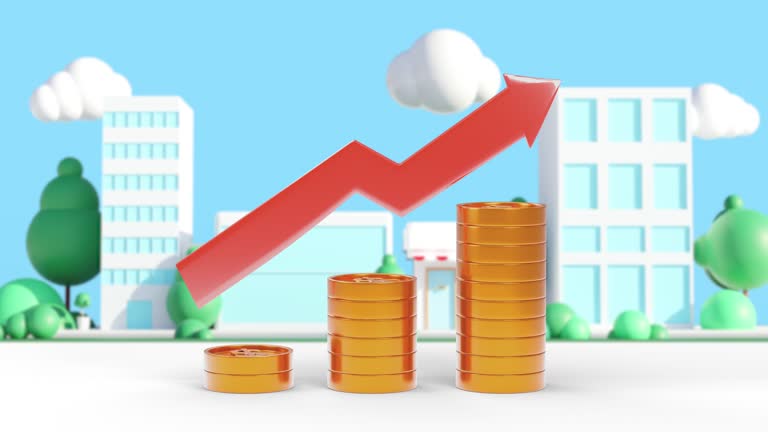 3d Animation cartoon financial graph on city background. business idea and all art work design. Abstract finance background.