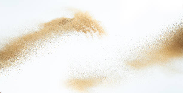 istock Sand flying explosion, Golden sand wave explode. Abstract sands cloud fly. Yellow colored sand splash throwing in Air. White background Isolated high speed shutter, throwing freeze stop motion 1444034515