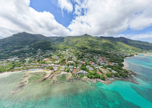 Drone shot of bel ombre district of Mahe, the whole district in one drone shot