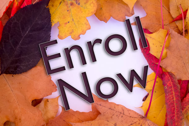 istock Autumn leaves, objects with Enroll Now text. Natural patterns, color design. 1444042396