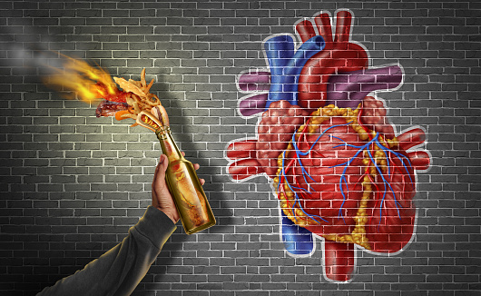 Heart Health Hazardous Food and dangerous diet as a Molotov cocktail with high fat food as junk-food and cholesterol rich with saturated fats and processed foods as a danger to the human body with 3D illustration elements