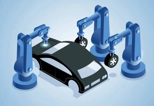 Vector illustration of Isometric artificial intelligence automated robot arm assembles cars on the production line