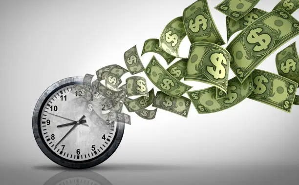 Time Is Money as an aphorism or business advice for saving wealth or losing equity and depreciation or Depreciable Assets and hourly wage concept as a 3D illustration.