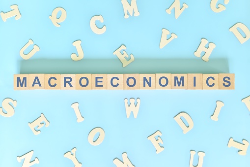 Macroeconomics concept in finance and economics. Word typography on wooden blocks flat lay.