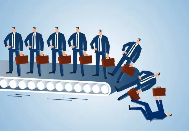 Vector illustration of Unemployment, layoffs, elimination, professional or business competition, social and technological development leading to the elimination of people and skills that lag behind, standing in a row of businessmen falling down as the