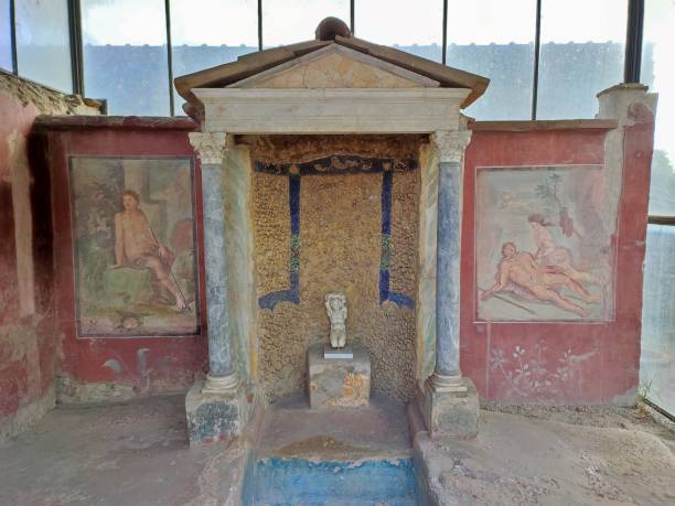 Pompeii - Mosaics of the nymphaeum of the House of Ottavio Quartione Pompeii, Campania, Italy - October 14, 2021: House of Ottavio Quartione between Via di Castricio and Via dell'Abbondanza in the Archaeological Park of Pompeii fountain courtyard villa italian culture stock pictures, royalty-free photos & images