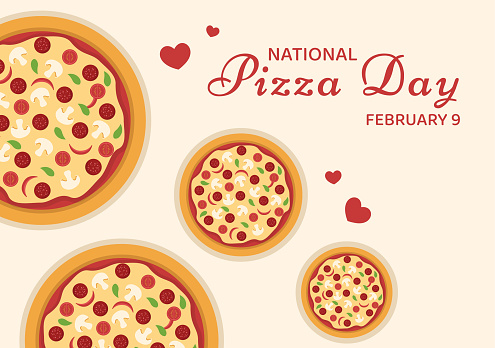 National Pizza Day on Celebration February 9 by Consuming Various Slice in Flat Cartoon Style Background Hand Drawn Templates Illustration