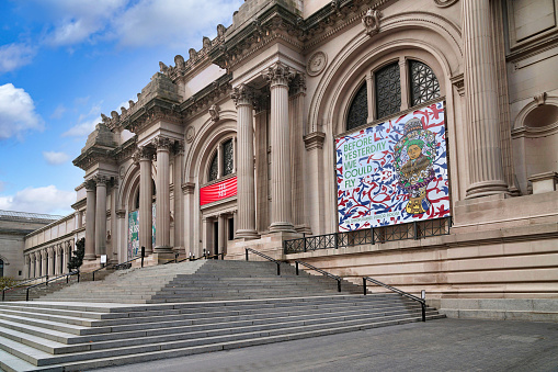 New York City, USA - November 17, 2021:  The front steps on Fifth Avenue at the entrance to the Metropolitan Museum of Art