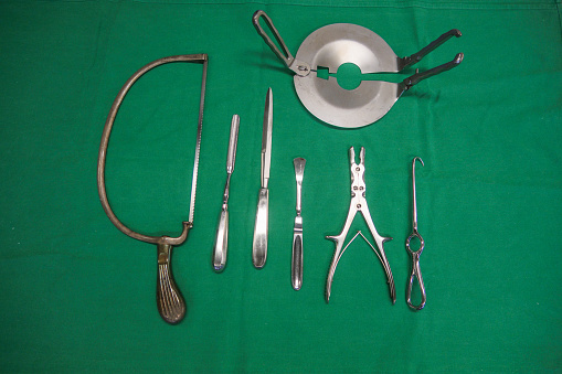 Indian Amputation Instruments Set Various Instruments For An Amputation Lie On A Surgical Cloth Stock ...