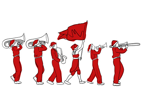 Illustration of a marching band going down the streets playing music, all dressed for the holiday.
