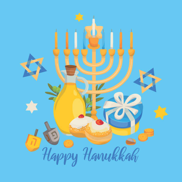 Happy Hanukkah greeting card or postcard, designed with lettering and hand drawn holiday symbols and attributes. Cartoon style design with lettering and hand drawn holiday symbols and attributes. chocolate gelt stock illustrations
