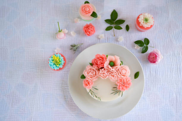 istock Beautiful flower shaped coconut milk jelly cake. 1444054532