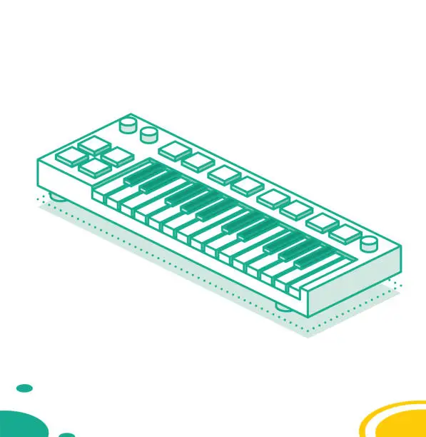 Vector illustration of Midi Keyboard with Pads and Faders. Isometric Outline Concept.