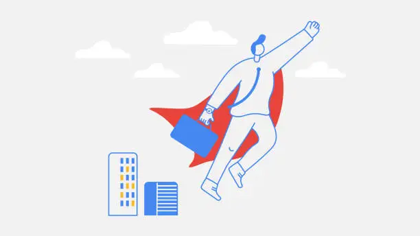 Vector illustration of Flying business superman  in a red cloak