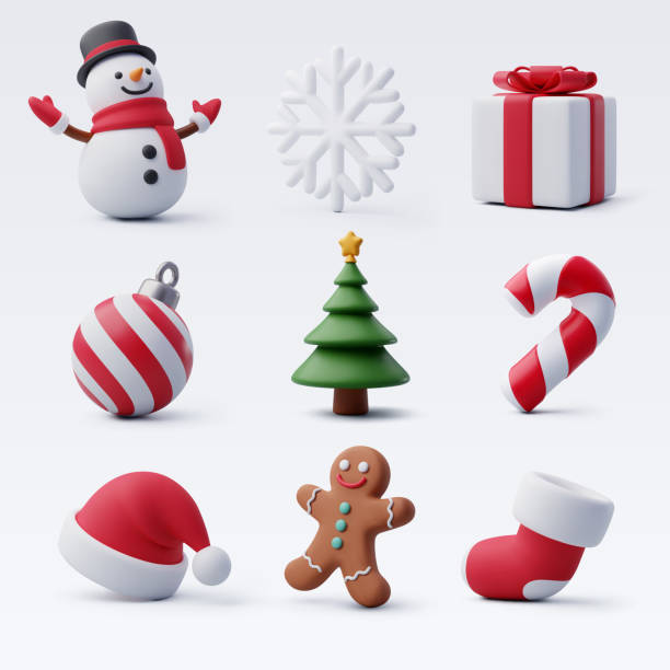 illustrazioni stock, clip art, cartoni animati e icone di tendenza di collezione 3d di elemento natalizio, buon natale e felice concetto di auguri di anno nuovo. - christmas