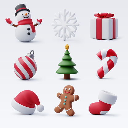 3D collection of Christmas element, Merry Christmas and happy new year greeting concept. Eps 10 Vector.