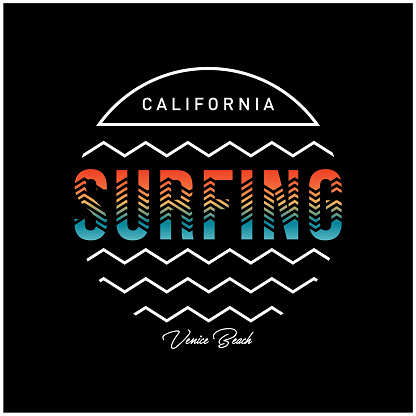 Vector illustration on the theme of surf and surfing in California, Venice beach. Typography, t-shirt graphics, print, poster, banner, flyer, postcard.