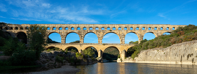 Panoramic view of famous Pont du Gard, old roman aqueduct in France, Europe