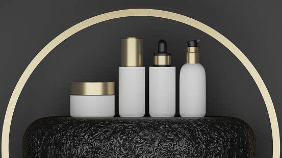 3d illustration mockup of a skincare bottle for beauty with a white bottle and a sparkling golden cap
